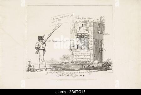 Het Dolhuijs (objet titel op) Cartoon sur l'exil de Napoléon Elba, 1814. Napoléon comme un dangereux lunatique enfermé dans une pierre de la maison de folie. Il essaie d'acheter une garde avec une croix de Chevalier pour la libérer. Sur et autour de marcher rats prison. Sur le dessus du bâtiment wa un drapeau avec l'inscription 'Sovereign in Dolhuijs à Elba'. Fabricant : printmaker: Wijnand Esser Propre design: Wijnand Esser (bâtiment classé) éditeur: Wijnand Esser (propriété cotée) Lieu de fabrication: Den Haag Date: 1814 Caractéristiques physiques: Gravure et engrava matériel: Technique du papier: Gravure / engraa (processus d'impression) mesures Banque D'Images