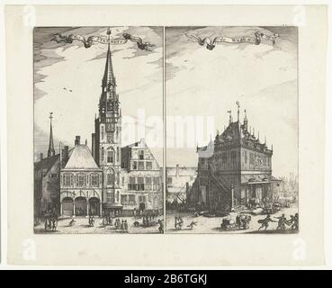 Het Oude Stadhuis en de Waag op de Dam te Amsterdam Het Stathuys t' Amsterdam de Waegh (objet titel op) vue sur la vieille mairie et le Waag sur le barrage d'Amsterdam. Deux performances sur une plaque. Hôtel de ville de gauche, même avec la flèche démolie en 1615. Au premier plan, une pluralité de figures. Au-dessus d'un bandeau au titre au milieu. La droite Waag Où: Les marchandises sont chargées, pesées et transportées, vues du sud-ouest. Au premier plan, deux hommes se battent. Bande supérieure centrale A portant le titre. Fabricant : Printmaker: Claes Jansz. Visscher (II) Lieu de fabrication: Amsterdam D Banque D'Images