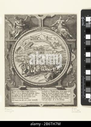 Het afgraven van de bolwerken porte de Antwerpenaren, 1577 Medaillons met de verovering van de citadel van Antwerpen en 1577 (seretitel) Het afgragen van de bolwerken porte de Antwerpenaren, 23 augustus 1577. Optocht van inwoners van Antwerpen gewapend met spades en manden op weg naar de citadel. Op de achtergrond het sloopen en afgraven van de acquisition. Voorstelling in een rond medaillon met ornementele allégorische omlijstting rencontré bovenaan de zittende vrouwelijke personnificaties van Vlijt (Diligentia) en Vrijheid (Libertas). Onderaan een cartouche a rencontré 2 verzen van elk 6 regels in het Frans en Ne Banque D'Images