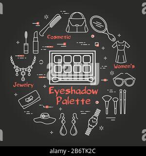 Femme Noir Accessoires Concept Avec Red Eyeshadow Palette Icône Illustration de Vecteur