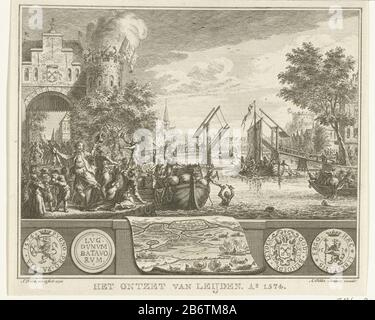 Het ontzet van Leiden, 1574 Het ontzet van Leijden Ao 1574 (objet titel op) le soulagement de Leiden, 3 octobre 1574. De Beggars bateaux est la nourriture distribuée aux habitants de la ville. A gauche une porte. Sous une carte de la région et a apporté deux exemples de l'argent papier en circulation pendant la période de secours. Fabricant : printmaker Simon Fokke (bâtiment classé) dans son dessin: Simon Fokke (bâtiment classé) éditeur: Arend Fokke Simonsz. (Montré sur l'objet) Lieu de fabrication: Amsterdam Date: 1776 Caractéristiques physiques: Gravure et engrement: Technique du papier: Gravure / engra (impression Banque D'Images