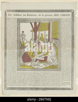 L'adoration des bergers. A laissé une femme avec une verseuse sur sa tête. Texte environnant en typographie en néerlandais. Entièrement entouré d'un sierrand. Fabricant : éditeur: Philippus Jacobus Brepols (bâtiment classé) printmaker: Fabrication anonyme Turnhout Dating: 1800 - 1833 Caractéristiques physiques: Coupe du bois en rouge et jaune; matériel d'impression de texte: Technique du papier: Coupe du bois / couleurs / formats d'impression: Feuille: H 407 mm × W 331 mm Objet: Adoration du Christ-enfant par les bergers; Marie et Joseph présents Banque D'Images