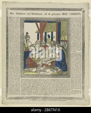 Adoration par les bergers. A laissé une femme avec une verseuse sur sa tête. Texte environnant en typographie en néerlandais. Entièrement entouré d'un bracelet décoratif. Numéro inférieur droit : N. 12. Fabricant : éditeur: Philippus Jacobus Brepols (bâtiment classé) printmaker: Fabrication anonyme Turnhout Dating: 1800 - 1833 Caractéristiques physiques: Coupe du bois en rouge, bleu et jaune; matériel d'impression: Papier technique: Coupe du bois / couleurs / formats d'impression: Feuille: H 400 mm × W 344 mm Objet: Adoration du Christ-enfant par les bergers; Marie et Joseph présents Banque D'Images