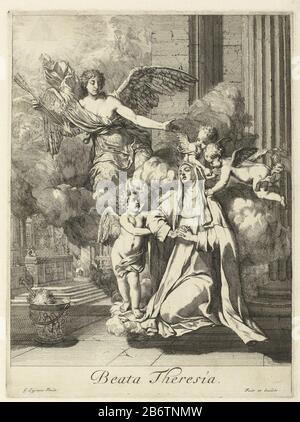Sainte Thérèse d'Avila, fondatrice de l'ordre des Carmélites discalés, avec les mains repliées dans la prière. Elle est habillée dans l'habitude de la Carmélite et entourée de putti. À gauche est un ange apparu qui a dirigé une flèche à la prière Theresa. Dans l'air au-dessus de l'ange brille un triangle, le symbole de Dieu Vader. Fabricant : printmaker: Gerard de Lairesse (propriété listée) à peindre par Gerard de Lairesse (bâtiment listé) Editeur: Gerard de Lairesse (objet listé) Date: 1675 Caractéristiques physiques: Matériau de gravure: Papier: Technique de gravure dimensions: Bord de plaque: H 398 mm × W 295 Banque D'Images