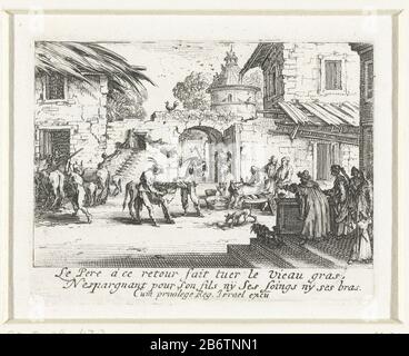 Het vetgemeste kalf wordt geslacht de verloren zoon (servietitel) sous l'oeil vigilant du père (premier plan à droite) à l'occasion du retour du fils prodigue un veau gras abattu dans la cour de la maison. Sous la performance à deux lignes dans le verset français. Ce tirage fait partie d'une série d'empreintes autour de la parabole du fils prodigue, composée d'une carte de titre et de dix narrations voorstellingen. Fabricant : printmaker Jacques Callocuitgever Israel Henriet (propriété cotée) fournisseur de privilèges: Louis XIII (roi de France) (propriété cotée) Lieu de fabrication: Printmaker Nanc Banque D'Images