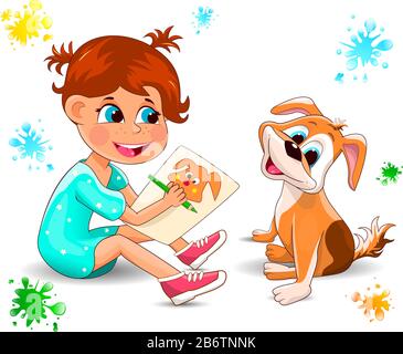 Happy Little girl dessine un crayon sur papier un chien. Illustration de Vecteur