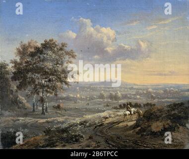 Heuvelachtig landschap a rencontré een ruiter op een landweg, SK-A-491 paysage Vallonné avec un cavalier sur une route de terre le long d'un mendiant avec des bras dri étirés. Au loin, arbres et heuvelrug. Fabricant : peintre Jan Wijnants Date: 1655 - 1684 Caractéristiques physiques: Huile sur toile matériau: Toile d'huile Dimensions: H 23.5 cm. B × 29,5 cm. Banque D'Images