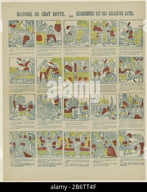 Feuille 20 scènes de l'histoire de la pouss dans les bottes. Sous chaque photo une légende en français et en néerlandais. Centre supérieur numéroté : 66. Fabricant : Editeur: M. Hemeleers-of Houterprentmaker: Fabrication anonyme: Schaerbeek Date: 1827 - 1894 Caractéristiques physiques: Coupe du bois imprimée en bleu; colorée en jaune et rouge; matériel d'impression de texte: Papier technique: Coupe du bois / couleur / couleur / formats d'impression: Feuille: 397 mm × W 319 mm Objet: Contes et contes de fées : pouss en bateau Banque D'Images