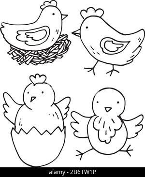 Poulet et petit jeu de poussins, vecteur de contour, illustration de pâques Illustration de Vecteur