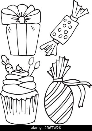 Bonbons de Pâques, cupcake, bonbons et cadeau, dessin d'art de ligne Illustration de Vecteur