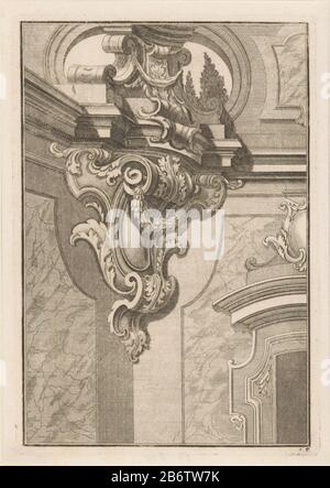 Hoekconsole Neu Inventirte Modillons und consoles (serietitel) un support d'angle avec ornements, motifs de feuilles, guirlandes et une couronne pend à gauche d'une porte ou d'un portail. En arrière-plan, une ouverture semi-circulaire de la vue à buiten. Fabricant : Print Maker: Anonymement au dessin de: Johann Jakob Schübleruitgever: Johann Christoph WeigelPlaats fabrication: Nürnberg (possible) Date: 1699 - 1726 Caractéristiques physiques: Gravure et engring matériau: Papier technique: Gravure / engra ( procédé d'impression) Dimensions: Bord de la plaque: H 210 mm × W 146 mm Objet: Autres détails architecturaux (Conso Banque D'Images