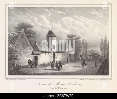 Gezicht op een hoeve gelegen aan een straat in het dorpje Mont-Saint-Jean bij Waterloo. Op straat veel bezoekers, rechts een rijtuig. Onderdeel van een album met twaalf plateau met gezichten uit CA. 1840-1846 van de omge Banque D'Images