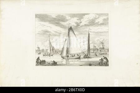 Hollandse ijsschuitjes rencontre op de achtergrond Koog aan de Zaan, vers 1775 paysage d'hiver avec les ijsschuitjes néerlandais. Voile sur glace, traîneaux et patineurs sur la rivière gelée Zaan dans les moulins à vent et maisons Wormer, CA. 1775. Les moulins sont de gauche à droite : moulin géant, Bloodwitmolen le Rob, moulin à coque Pelican et moulin à huile du panier de pain Christopher. Ces deux dernières usines étaient sur le soi-disant Koger Hem. Fabricant : printmaker Simon Fokke (bâtiment classé), conçu par L. LoosjesPlaats fabrication: Northern Netherlands Date: 1774 - 1776 Caractéristiques physiques: Gravure, preuve devant le Banque D'Images