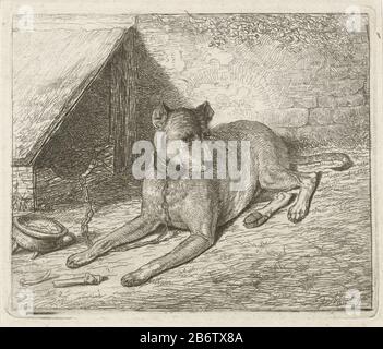 Fond aan een ketting bij een hondenhok chien sur une chaîne dans un dogme. Pour lui un os. En bas à gauche numérotée 2. Fabricant : Print maker: Johannes Mock (indiqué sur l'objet) Lieu de fabrication: Pays-Bas Date: 1810 - 1884 Caractéristiques physiques: Matière de gravure: Technique du papier: Dimensions de gravure: Bord de la plaque: H 104 mm × W 123 mm Objet: Chien avec os Banque D'Images