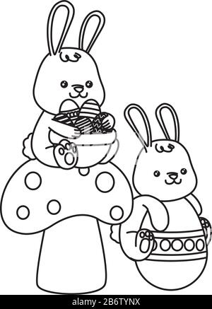 mignons petits lapins avec des œufs peints en champignons Illustration de Vecteur
