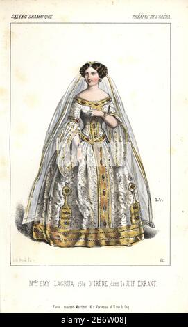 Mlle. Emy ou Emma Lagrua dans le rôle d'Irene dans le "le Juif Errant" de Halevy au Théâtre de l'Opéra. LaGrua (1831-1865) faisait partie de l'Opéra de la Cour de Dresde avant de se réfuter à Paris en 1852. Lithographie colorée par Alexandre Lacauchie de 'Galerie Dramatique: Costumes des théâtres de Paris' CA. 1860. Banque D'Images