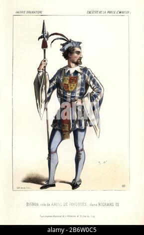 Bignon dans le rôle de Raoul de Foulques dans 'Richard III.' Marié à la célèbre Madame Albert, Bignon était un acteur extrêmement fiable et consciencieux. Lithographie colorée par Alexandre Lacauchie de 'Galerie Dramatique: Costumes des théâtres de Paris' CA. 1860. Banque D'Images