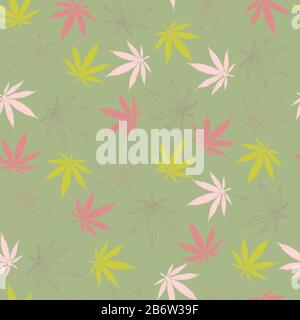 motif sans couture. feuilles de chanvre peintes de fleurs rose bordeaux et vert clair et contours de feuilles de chanvre pourpre et rouge sur un dos gris-vert Illustration de Vecteur