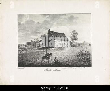 Huis la Belle Alliance Belle alliance (objet op de titre) l'auberge la Belle Alliance située dans le village de Plancenoit, près du champ de bataille de la Bataille de Waterloo, le 18 juin 1815. Deux soldats sur le devant, l'un à cheval, l'autre assis sur le fond. Fabricant : printmaker, Paul Lauters (bâtiment classé) imprimante: Calcographie Royale J. Goubaud (propriété cotée) Lieu de fabrication: Belgique Date: 1820 - 1850 Caractéristiques physiques: Lithographie: Technique du papier: Lithographie (technique) Dimensions: Feuille: H 238 mm × W 304 mm Objet: Dévasté, ruiné ou ville ( guerre) Batt Banque D'Images