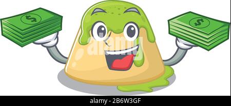 joyeux visage pudding vert thé personnage ayant de l'argent sur les mains Illustration de Vecteur