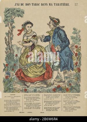 une jolie dame et un vieil homme laid dans un jardin avec des fleurs. Sous l'idée un poème français en quatre colonnes. Numéroté en haut à droite : n° 57. Fabricant : Éditeur: Pellerin & Cie (bâtiment classé) printmaker: Fournisseur anonyme de privilèges inconnu (propriété cotée) Lieu de fabrication: Éditeur: Épinalprentmaker Europe Date: CA. 1791 - ca. 1900 Caractéristiques physiques:. Lithographie colorée en jaune, bleu, vert et rose; matériel d'impression de texte: Papier technique: Lithographie (technique) / couleur / formats d'impression: Feuille: H 395 mm × W 295 mm Sujet: Amoureux de la Garde; courting, flirting Banque D'Images