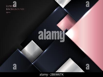 Forme carrée géométrique abstraite or rose brillant, argent, bleu foncé se chevauchant avec l'ombre sur fond noir. Style de luxe. Illustratio vectoriel Illustration de Vecteur