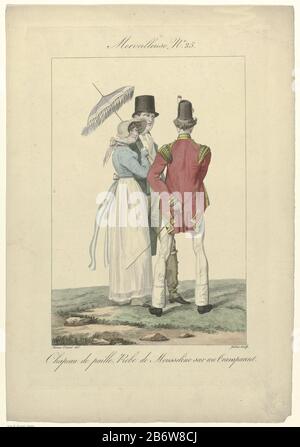 Incroyables et Merveilleuses, 1815, Merveilleuse No 25 chapeau de paill () 'Merveilleuse' avec la tête un chapeau de paille. Elle porte une robe de mousseline sur un «Transparent» (jupons). Parapluie à main orné de frissons. À côté de elle se tient un homme dans une veste et un short. Il porte de longs spats à côté d'elle est un soldat britannique, vu du dos, vêtu d'une tunique avec des propriétés repliées sur un long pantalon près du corps. Sur la tête un shako. L'imprimé fait partie d'une série de tirages en mode 33, gravés par George Jacques gatine, Paris, 1810-1818. Fabricant : Print Maker: Jacques Georges gatine (indiquer Banque D'Images