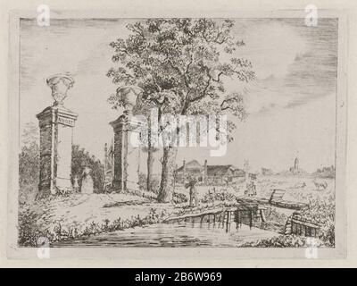Ingang van de buitenplaats 'Nooit Gedacht' entrée de l'extérieur 'Jamais Pensé', au premier plan un pont où un agriculteur avec des seaux de lait sur chandelles. A l'entrée de la maison de campagne une femme et un enfant. En arrière-plan une ferme de pâturages avec le bétail et les contours d'une estad. Fabricant : printmaker: Eberhard Cornelis Rahms (propriété listée) Lieu de fabrication: Utrecht Date: Jun 1859 Caractéristiques physiques: Gravure et point sec avec ton sur plaquette à mâcher matériau: Génie du papier : dimensions de gravure: Bord de la plaque: H 99 mm × W 136 mm Objet: Porte, moulin à vent d'entrée Banque D'Images