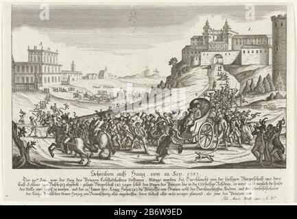 Inhalation du gouverneur William V par les citoyens de la Haye, 20 septembre 1787. Paysage de fantaisie Où: Dans les citoyens de la Haye tire le transport du prince. Le chariot avec le prince quitte le palais droit Huis dix palais Bosch à Soestdijk, à gauche. Au loin, le chariot avec la princesse et les enfants. Avec vijfregelig allemand gravé onderschrift. Fabricant : printmaker: Éditeur anonyme: Johann Martin Won (propriété cotée) Lieu de fabrication: Augsburg Date: 1787 Caractéristiques physiques: Gravure et engrara matière: Technique du papier: Gravure / engraa (impression) Dimensio Banque D'Images