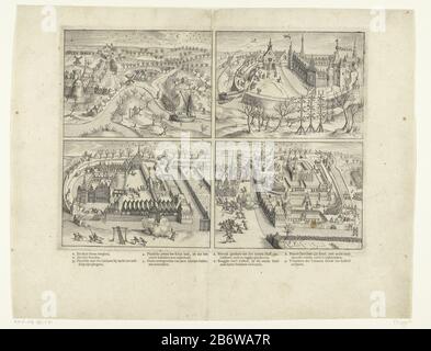 Inname van Breda, 1590 l'ingestion de Breda par l'armée américaine sous Maurice, 4 mars 1590. Quatre scènes successives distinctes. En haut à gauche: L'embarcation turfschip; à droite: Le château de retrait de turfschip; en bas à gauche: Les troupes sortent, et viennent avec les occupants; à droite: L'arrivée des troupes de Maurice et fuyant les envahisseurs. En dehors de la représentation imprimée des symboles 1-9 dans le Nederlands. Fabricant : machine à imprimer: Bartholomeus Willemsz. Dolado (attribué à) à imprimer de: Bartholomeus Willemsz. DolendoPlaats fabrication: Pays du Nord des Pays-Bas Date: 1600 - 1601 A Banque D'Images