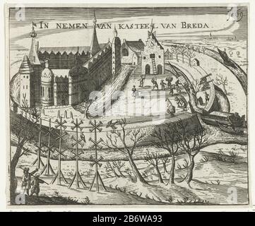 Inname van Breda, 1590 In netmen van kasteel van Breda (objet op de titre) l'ingestion de Breda par l'armée américaine sous Maurice, le 4 mars 1590 turfschip abroge le château. Au premier plan, deux mâles au lijmstokken. Fabricant : printmaker: Anonyme pour imprimer par: Bartholomeus Willemsz. DolendoPlaats fabricación: Northern Netherlands Date: 1601 - 1649 Caractéristiques physiques: Matière de gravure: Technique du papier: Dimensions de gravure: Feuille: 117 mm × H 139 b mmToeliechtingillustratie en provenance d'une publication inconnue, fol. 69. Pas Frederik Muller; ajouté par le numéro RPK. Objet: Prise De Breda (1 Banque D'Images