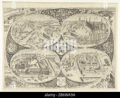 Inname van Breda, 1590 l'ingestion de Breda par l'armée américaine sous Maurice, 4 mars 1590. Présenté en quatre ovales numérotés. En haut à gauche (1): Embarquement turfschip; en haut à droite (2): Il est retiré turfschip le château; à gauche (3): Les troupes sortent, et viennent avec les occupants; à droite (4): Arrivée des troupes de Maurice et fuite des envahisseurs. Autour d'ici, les bras des sept provinces de Guillaume d'Orange et de Maurice, le Duché de Brabant et la ville de Breda. Avec inscriptions à Latijn. Fabricant : Printmaker: Bartholomeus Willemsz. Doendo (propriété listée) écrivain: HU Banque D'Images