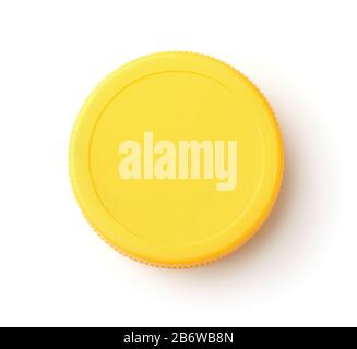 Vue de dessus du bouchon de flacon blanc en plastique jaune isolé sur blanc Banque D'Images