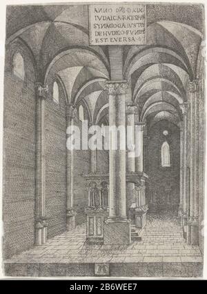 Intereur van de synapoge te Regensburg iudaica ratipona synagoga iusto dei iudico fundits est eversa (objet op titel) intérieur de la synagogue de Regensburg. L'espace a deux baies de large, avec l'Ark entre la deuxième et la troisième colonne du zuilenrij moyen. Fabricant : machine à imprimer: Albrecht Altdorfer (indiqué sur l'objet), à sa conception: Albrecht AltdorferPlaats fabrication: Allemagne Date: 1519 Caractéristiques physiques: Matière de gravure: Technique du papier: Dimensions de gravure: Feuille: H 172 mm × W 126 mmToelichtingde synagogue à Regensburg datant du début du XIIIe siècle et était de Banque D'Images