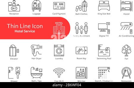 des icônes de ligne fine sont définies pour la vie d'hôtel et de maison Illustration de Vecteur