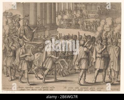 Intocht van Scipio Africanus na zijn surgagnant op Carthago Geschiedenis van Scipio Africanus (servietitel) une procession de soldats, de prisonniers, d'éléphants, de musiciens et de prêtres dans la ville. Scipio Africanus sur un char à gauche. Flotte derrière lui un ange qui le maintient un laurier au-dessus de la tête. Nouvelles politiques en latin dans ondermarge. Fabricant : printmaker: Monogrammiste ICG (bâtiment classé), conçu par Antonio Tempesta (bâtiment classé) Editeur: Pieter de Jode (propriété cotée) Lieu de fabrication: Italie Date: Env. 1620 Caractéristiques physiques: Gravure : technique du papier: Gravure cotesi Banque D'Images