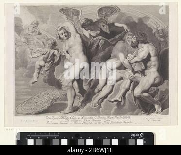 Ixion misleid porte Juno en Jupiter de dronken Ixion omardt het uit wolken geboetseerde evenbeeld van Juno. Jupiter, op een wolk met zijn adelaar, en Juno, met haar pauw, kijken orteil. Op de achtergrond Medusa. Onder de prent een opdracht in het Latijn. Fabricant : preneuse: Pieter van Sompel (vermeld op object)naar schilderij van: Peter Paul Rubens (vermeld op object)uitgever: Gerard Valck (vermeld op object)opgedragen porte: Pieter Claesz. Soutman (vermeld op object)opgedragen aan: Martinus van den Heuvel (vermeld op object)verlener van Privilege: Onbekend (vermeld op object)Plaats manufacture Banque D'Images