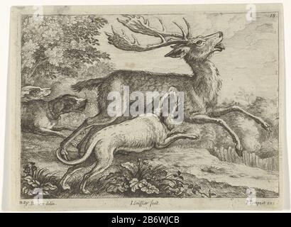 Jacht op een bert Verschillende dieren (servietitel) Trois chiens chassant un cerf dans une région boisée. Cette impression fait partie d'une série de dix tirages avec dieren différent. Fabricant : print maker: Jan Registraire (I) (montré sur l'objet) à dessiner par: Barlow Francis (indiqué sur l'objet) éditeur: Pierce Tempest (indiqué sur l'objet) Dating : 1655 - 1718 Caractéristiques physiques: Gravure, engrab matériel: Technique du papier: Gravure / engraa (procédé d'impression) mesures: Bord: H 135 mm × W 181 mm Objet : animal à accrochage Banque D'Images