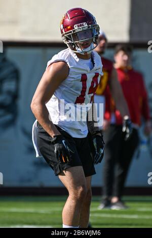 Chevaux de Troie de Californie du Sud cornerback Jayden Williams (14) pendant le premier jour de la pratique du printemps, mercredi 11 mars 2020, à Los Angeles. Californie, États-Unis. (Photo par IOS/Espa-Images) Banque D'Images