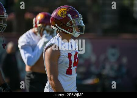 Chevaux de Troie de Californie du Sud cornerback Jayden Williams (14) pendant le premier jour de la pratique du printemps, mercredi 11 mars 2020, à Los Angeles. Californie, États-Unis. (Photo par IOS/Espa-Images) Banque D'Images