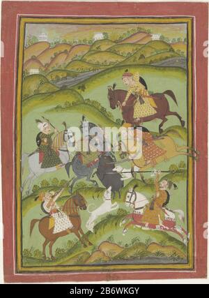 Jagergroep uit Bundi met everzwijn JG de Bundi avec un type d'objet sanglier: Dessin miniature indien Numéro d'article: RP-T-1993-249 Inscriptions / marques: Inscription verso top centre: Une seule ligne de texte en écriture indienne Description: Dans un paysage vallonné, où: sur le fond, une rivière qui coule à travers elle, la chasse de six cavaliers sur différents chevaux de couleur sur un sanglier à l'intérieur du cercle blessé et debout est terminée sur ses pattes arrière; deux hounds blancs sautent également de l'animal. Autour de l'idée quelques bandes étroites de couleur vive en jaune et rouge avec des lignes de cadre noir, le rouge rempli de W Banque D'Images