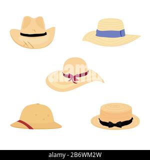 Les agriculteurs jardinent des chapeaux. Chapeau de Safari et chapeau de paille femelle, accessoire de tête de plage jaune et headdress rural d'agriculture traditionnelle d'été isolé sur wh Illustration de Vecteur