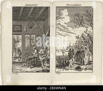 Januari en décembre Twaalf maanden (serietitel) Janvier: La cuisine des femmes. Arrière gauche un homme hache le bois. Décembre: Paysage avec ijsvermaak. Fabricant : printmaker: Monogrammist GDP (propriété cotée) Lieu de fabrication: Pays-Bas Date: 1700 - 1799 Caractéristiques physiques: Matière de gravure: Technique du papier: Gravure Dimensions: Feuille: H 103 mm × W 124 mm Objet: Les douze mois représentés par des paysages (+ avec des scènes montrant des occupations humaines  saisons, et mois), décembre et janvier  activités humaines (année divisée en six saisons) (+ avec des concepts différents  saisons, et mois) cuisinier Banque D'Images