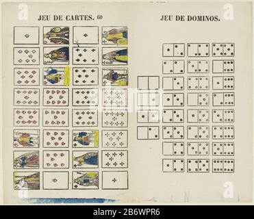 Jeu de cartes jeu de dominos (objet titel op) Journal 32 28 cartes à jouer et dominos à couper. Centre supérieur numéroté: 60. Fabricant : Éditeur: M. Hemeleers-of Houterprentmaker: Fabrication anonyme: Schaerbeek Date: 1827 - 1894 Caractéristiques physiques: Coupe du bois en bleu, jaune et rouge; matériel d'impression de texte: Technique du papier: Coupe du bois / couleurs / formats d'impression: Feuille: H 309 mm × W 382 mm Sujet: Dominoesplaying carte Banque D'Images