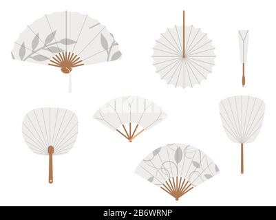 Fans chinois. Illustration vectorielle de jeu de ventilateur à main traditionnel japonais, ventilateurs en papier femme vintage isolés Illustration de Vecteur