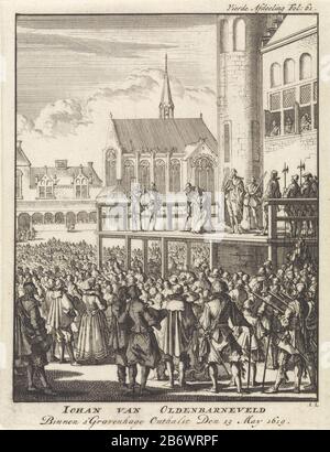 Johan van Oldenbarnevelt knielt op het schavot voor zijn onthoofding, 1619 Iohan van Oldenbarneveld binnen s Gravenhage onthalst den 13 mai 1619 (objet op de titre) Johan van Barneveld s'agenouille avant son beheading au Binnenhof à la Haye le 13 mai 1619. Son serviteur Jan Francken est de son côté sur l'échafaudage, un religieux tient une prière. Sur la place les spectateurs assemblés. En haut à droite étiqueté: Quatrième Afdeeling Fol: 61. Fabricant : printmaker Jan Luyken (bâtiment classé) dans son dessin: Jan Luyken Editeur: Jan Claesz ten Hoor Lieu de fabrication: Amsterdam Date: 1698 matériau: Papier Tec Banque D'Images