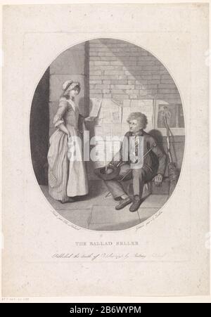 Jonge vrouw en een liedverkoper Le vendeur de ballade (objet de titel op) le vendeur de rue est une chanson avec son chapeau dans ses mains et une canne penchée contre sa jambe. Derrière lui, il bloque son stock de chansons sur le mur. Une jeune femme regarde une des chansons. Outre le vendeur de chanson penchant un balai contre un poste avec un portret. Fabricant : printmaker Antonio Zecchin (propriété listée) à peindre par Thomas Stothard (propriété listée) à peindre par Henry Walton (possible) éditeur: Antonio Suntach (listée sur l'objet) Lieu de fabrication: Venise Date: 10-Oct-1795 Caractéristiques physiques: Travaux en pointillé avec la materi Banque D'Images