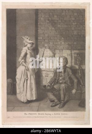 Jonge vrouw en een liedverkoper La jolie femme de chambre achetant une chanson d'amour (objet titel op) le vendeur de rue est une chanson avec son chapeau dans ses mains et une canne penchée contre sa jambe. Derrière lui, il bloque son stock de chansons sur le mur. Une jeune femme regarde une des chansons. En plus du vendeur de chanson, un balai penche contre une impression d'un portrait. En bas à gauche numérotée 410. Fabricant : printmaker John Raphael Smith à peindre par Henry Waltonuitgever: Carington Bowles (propriété cotée) Lieu de fabrication: London Date: Jan 6 1780 Caractéristiques physiques: Mezzotint matériau: Paper technique: Mezzotint dimensions: PL Banque D'Images