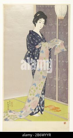 Jonge vrouw dans een zomer kimono Natsu yosoi no musume (objet titel op) Jeune femme dans kimono d'été, debout dans ses mains orné d'un long morceau de tissu argent avec motifs fleurs et papillons. Sur le sol des tapis de tatatami verts, un obi orange. Portes violettes, décorées de motifs floraux et ornithologiques. A droite une lanterne. (Bijinga) Manufacture Créateur: Printmaker: Hashiguchi Goyo (bâtiment classé) imprimante: Taguchi Kikumatsu (bâtiment classé) Éditeur: Fabrication anonyme: Japon Date: Août 1920 Caractéristiques physiques: Gravure en couleur: Bloc de lignes en noir avec des blocs de couleurs matériau: Papier Techni Banque D'Images