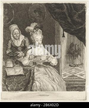 Jonge vrouw leest een bref une jeune femme siège à une table et lit une lettre. À côté de sa tenue une femme de chambre une boîte de bijoux ouverte. Sur la table se trouve un mandolin et un livre de partitions de musique. Au mur, accrochez deux portraits dans des cadres ovales. Juste derrière un rideau, souffre un couloir à la porte d'entrée. Deux femmes se tenant dans le couloir pour piaten. Fabricant : Print Maker: Louis Bernard Coclers (propriété cotée) à la peinture: Louis Bernard Coclers (propriété cotée) Lieu de fabrication: Leiden Date: 1780 Caractéristiques physiques: Gravure et matières sèches: Technique du papier: Gravure / mesure du point sec: Plaque e Banque D'Images